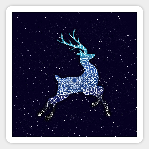 Blue Flying Reindeer Mandala in the Night Sky Sticker by MandalaSoul